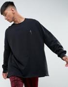 Mennace Dropped Shoulder Sweatshirt With Rose Embroidery In Black - Black