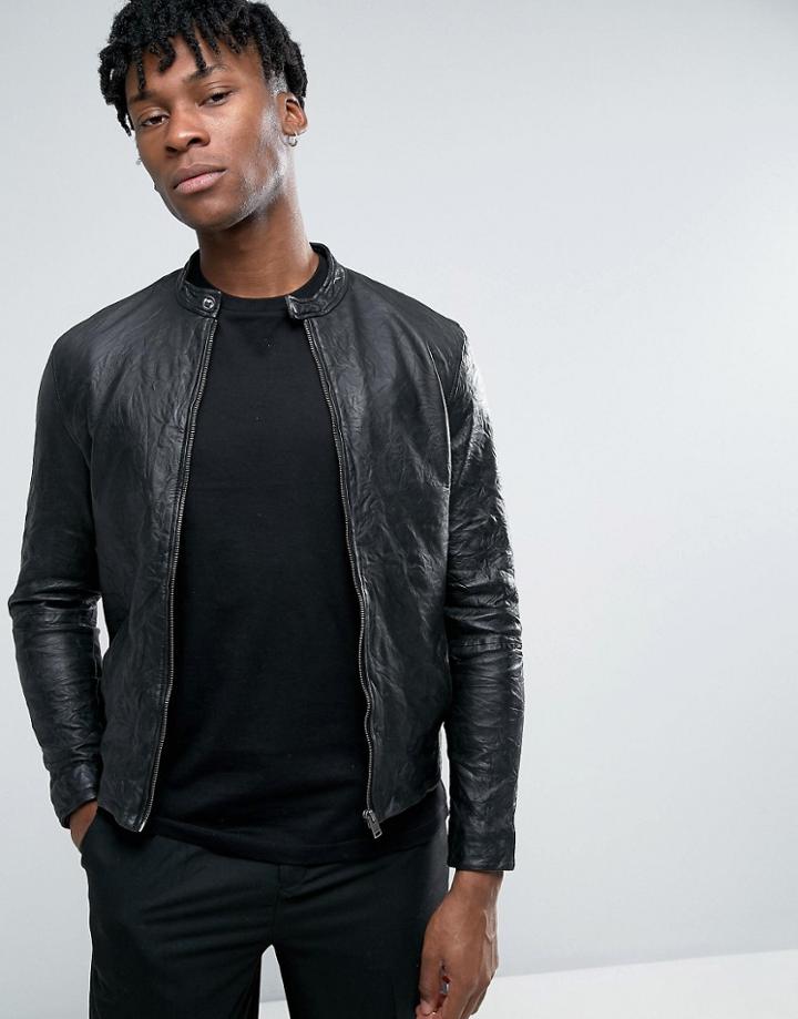Selected Homme Leather Biker Jacket In Creased Leather - Black