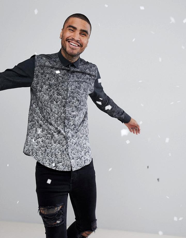 Noose & Monkey Skinny Faded Print Shirt - Black