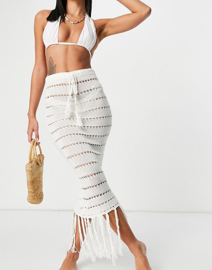 Missguided Set Knitted Crochet Skirt With Tassle Detail In Cream-white
