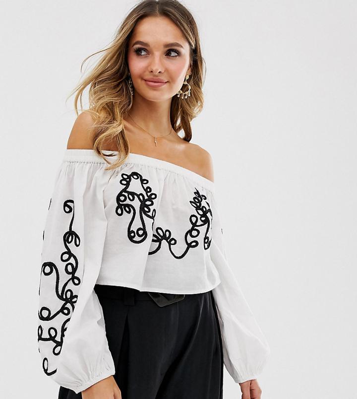 Violet Skye Embroidered Off Shoulder Top With Balloon Sleeves In Cream-green