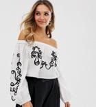 Violet Skye Embroidered Off Shoulder Top With Balloon Sleeves In Cream-green
