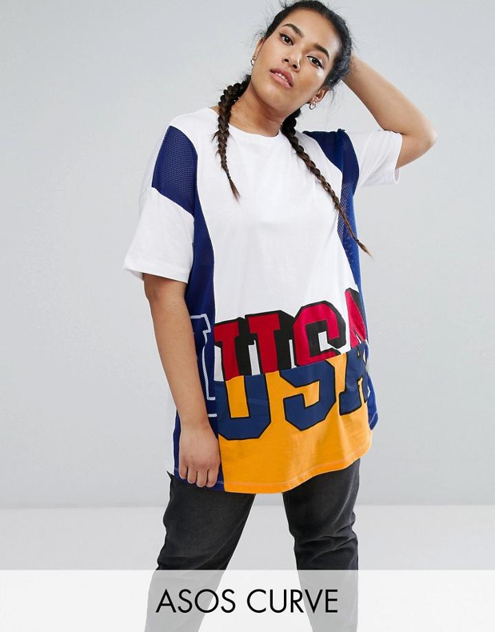 Asos Curve T-shirt With Cutabout Usa Print In Mixed Fabric - Multi