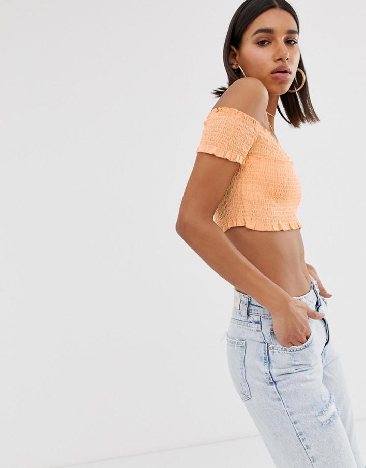 Bershka Shirred Cross Front Top In Orange