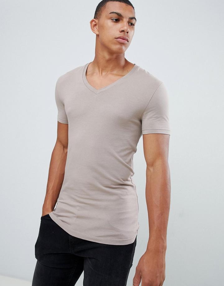 Asos Design Muscle Fit V Neck T-shirt With Stretch In Beige - Beige