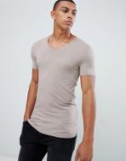 Asos Design Muscle Fit V Neck T-shirt With Stretch In Beige - Beige