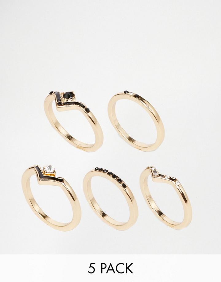 Asos Pack Of 5 Stone Set Stacking Rings - Gold