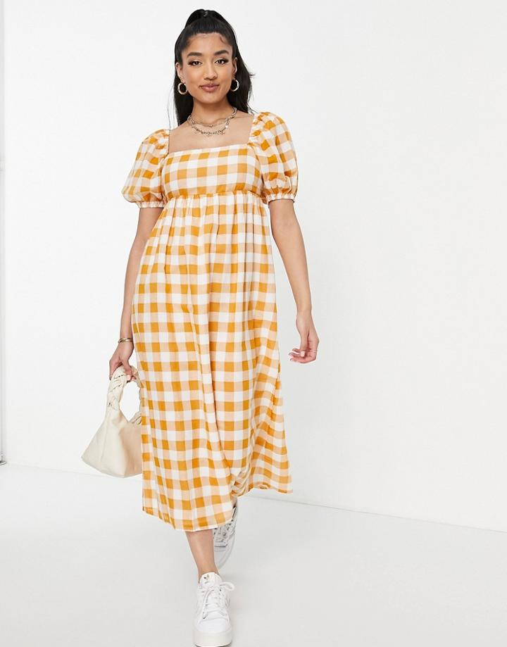 New Look Short Sleeve Midi Dress With Square Neckline In Orange Gingham