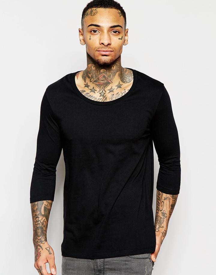 Asos 3/4 Sleeve T-shirt With Scoop Neck In Black - Black