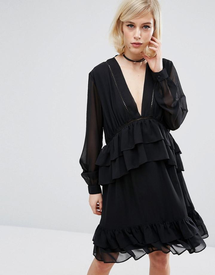 Lost Ink Ruffle Dress With Ladder Detail - Black