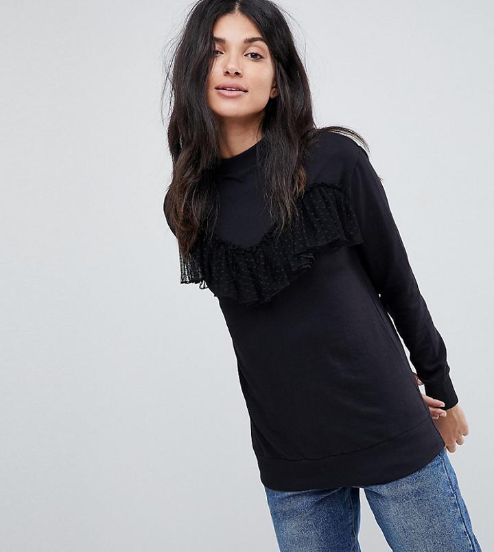 Brave Soul Tall Amelie Sweatshirt With Lace Frill - Black