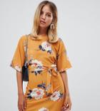 Missguided Tie Front T-shirt Dress In Yellow Floral - Multi