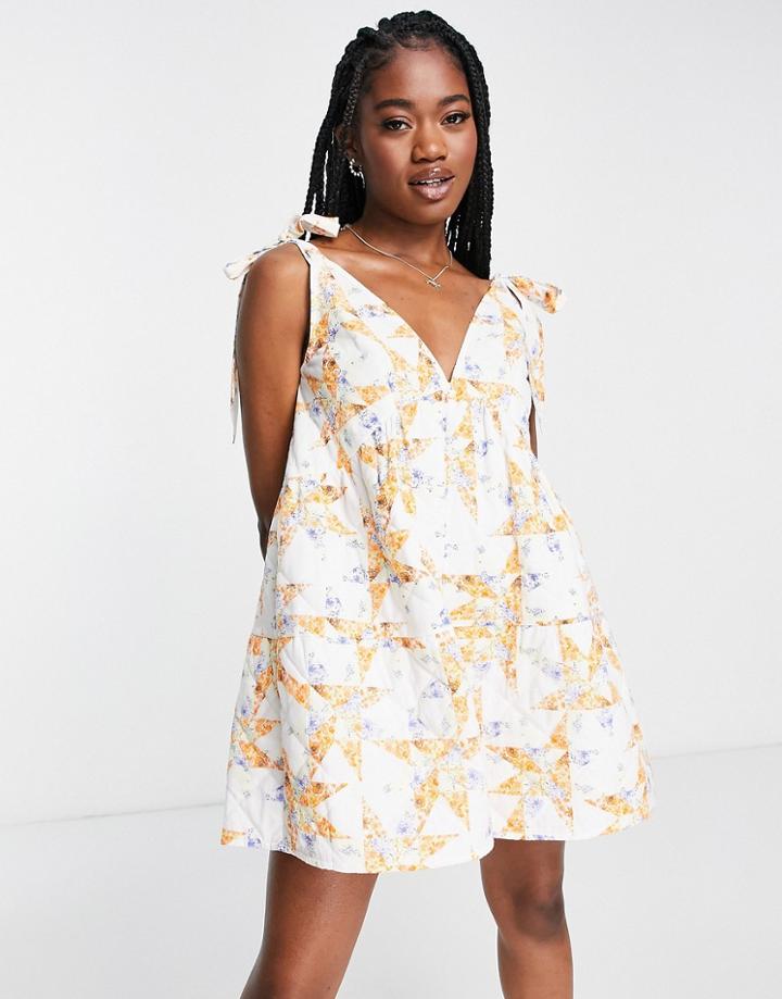 Asos Design Quilted Tie Shoulder Smock Romper In Mixed Floral Print-multi