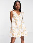 Asos Design Quilted Tie Shoulder Smock Romper In Mixed Floral Print-multi