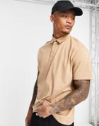 Asos Design Relaxed Heavyweight Brushed Cotton Polo In Tan-brown