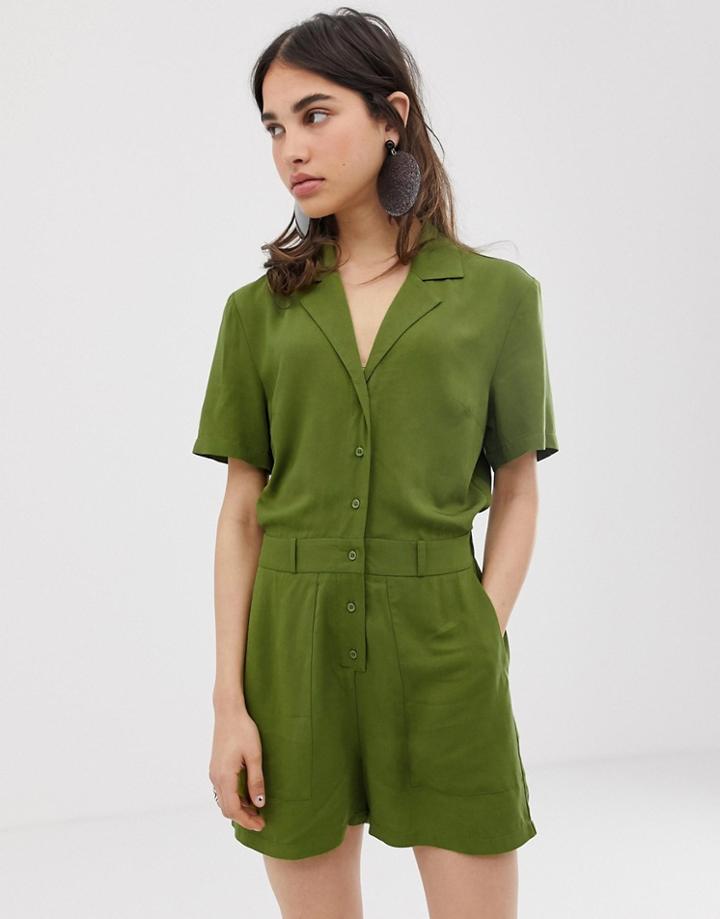 Asos Design Short Sleeve Boiler Romper-green