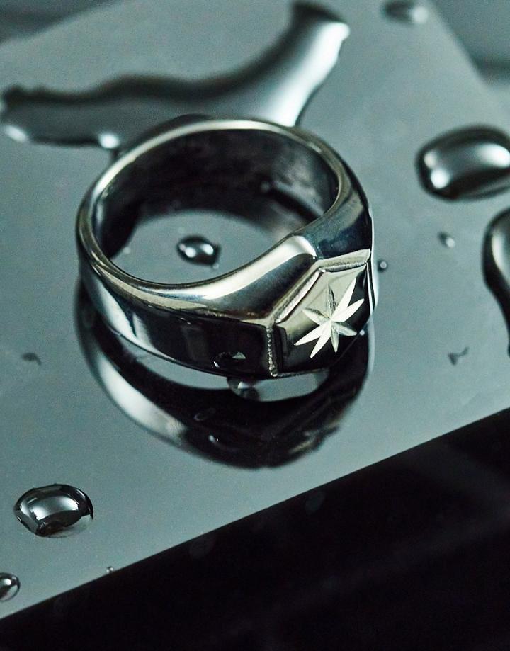 Asos Design Waterproof Stainless Steel Signet Ring With Star In Black - Black