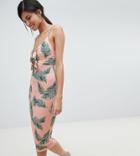 Asos Design Tall Knot Front Bodycon Midi Dress In Palm Print - Multi