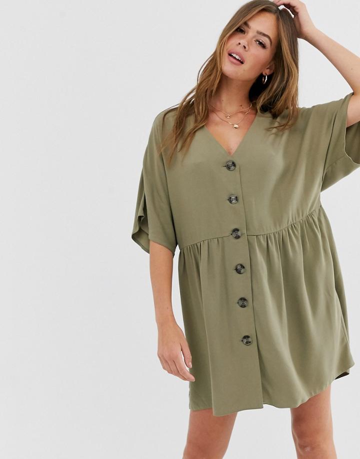 Asos Design V Neck Button Through Mini Smock Dress-green