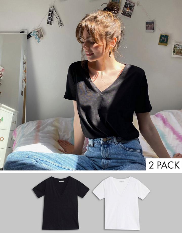 Stradivarius V Neck T-shirt Multipack In White And Black