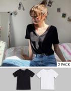 Stradivarius V Neck T-shirt Multipack In White And Black