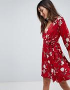 Yumi Wrap Dress In Floral Print - Red