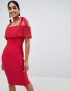 Vesper Cold Shoulder Midi Dress With Lace Overlay-red