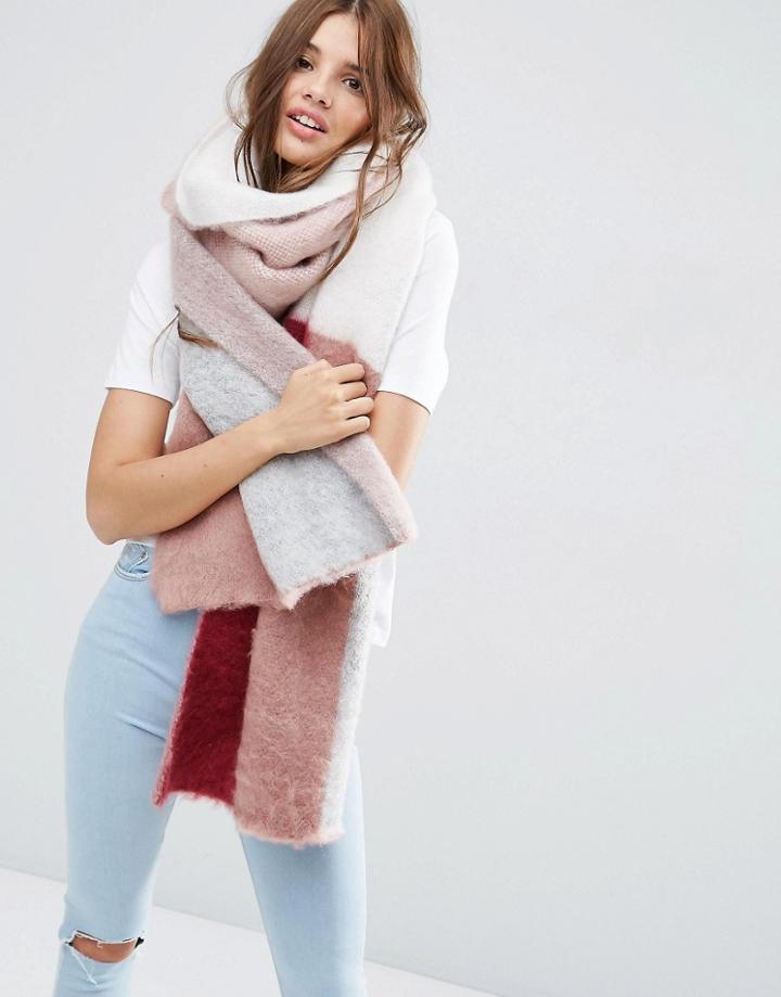 Asos Oversized Fluffy Scarf In Color Block - Beige