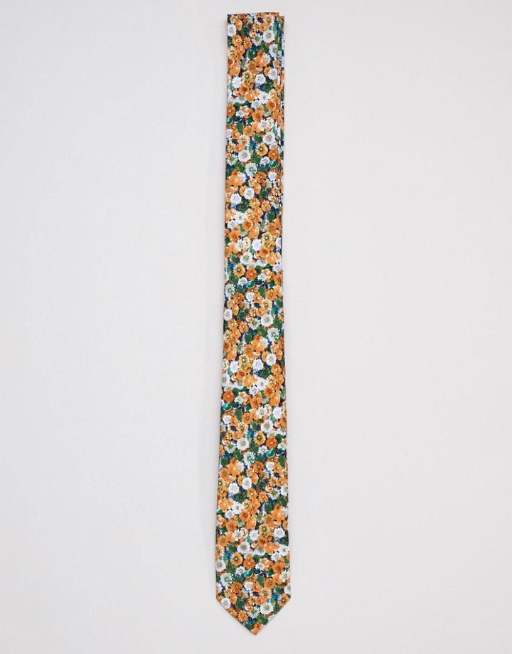 Asos Design Wedding Slim Tie In Mustard Floral - Yellow