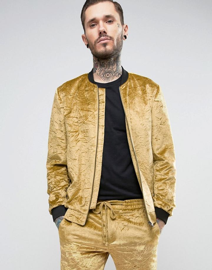 Noose & Monkey Crushed Velvet Bomber - Gold