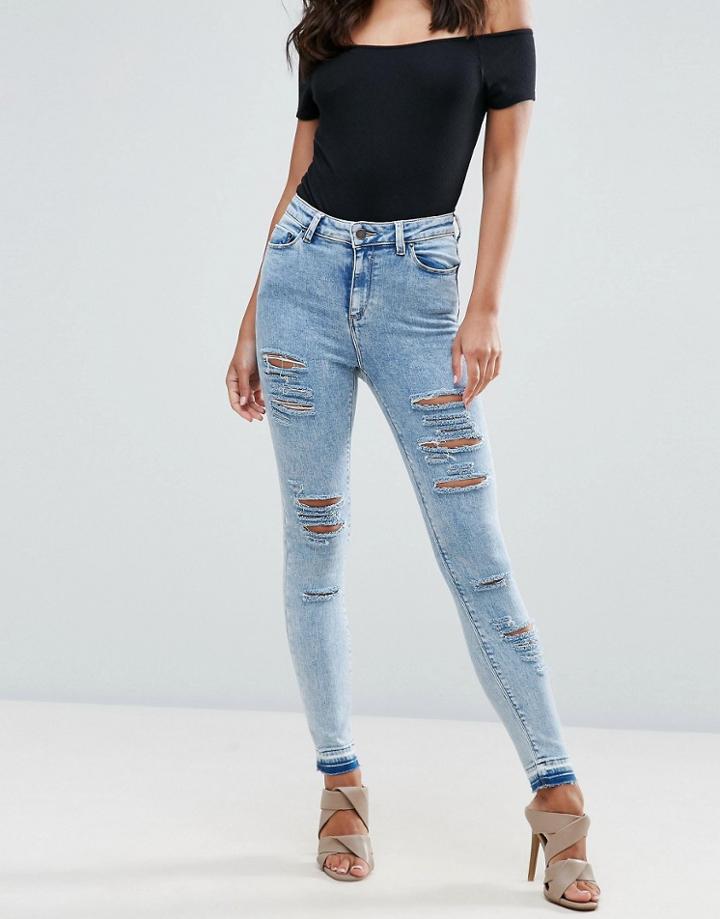 Asos Ridley Skinny Jeans In Sebastian Light Acid Wash With Shredded Rips And Let-down Hem - Blue