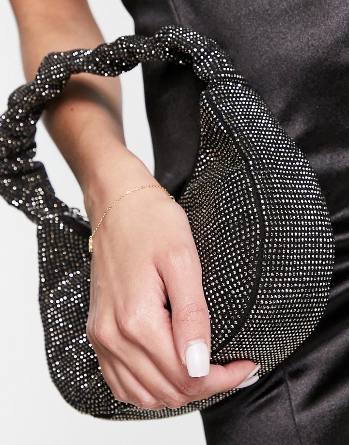 Asos Design Crystal Grab Clutch Bag With Ruched Handle In Black