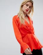 Asos Design Plunge Knot Front Satin Top - Orange