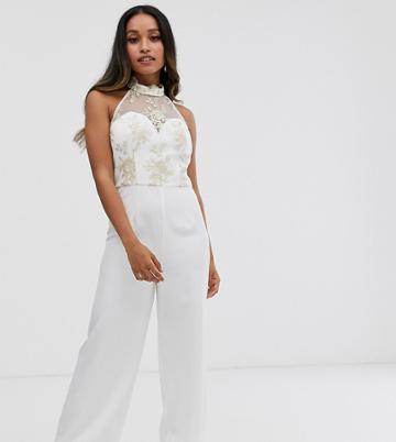 Chi Chi London Petite Lace Jumpsuit In White - White