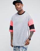 Asos Oversized T-shirt In Gray Marl With Pink Neon Cut And Sew Sleeves - Gray