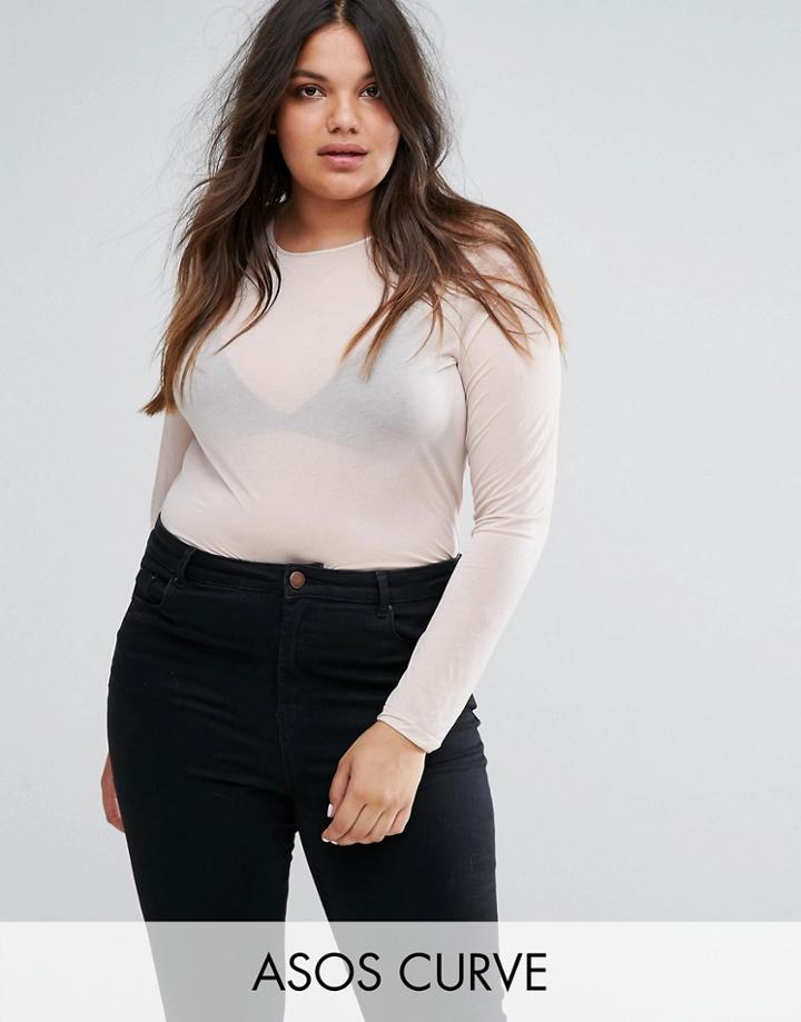 Asos Curve Top In Sheer Mesh - Pink