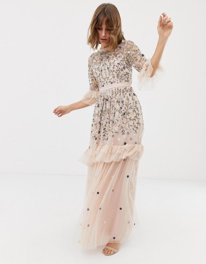 Needle & Thread Embroidered Tulle Gown In Rose - Pink