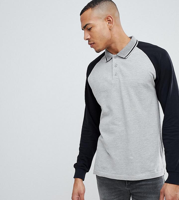 Jacamo Raglan Long Sleeve Pique Polo Shirt - Gray