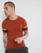 Asos Design T-shirt With Contrast Sleeve Stripe In Rust - Brown