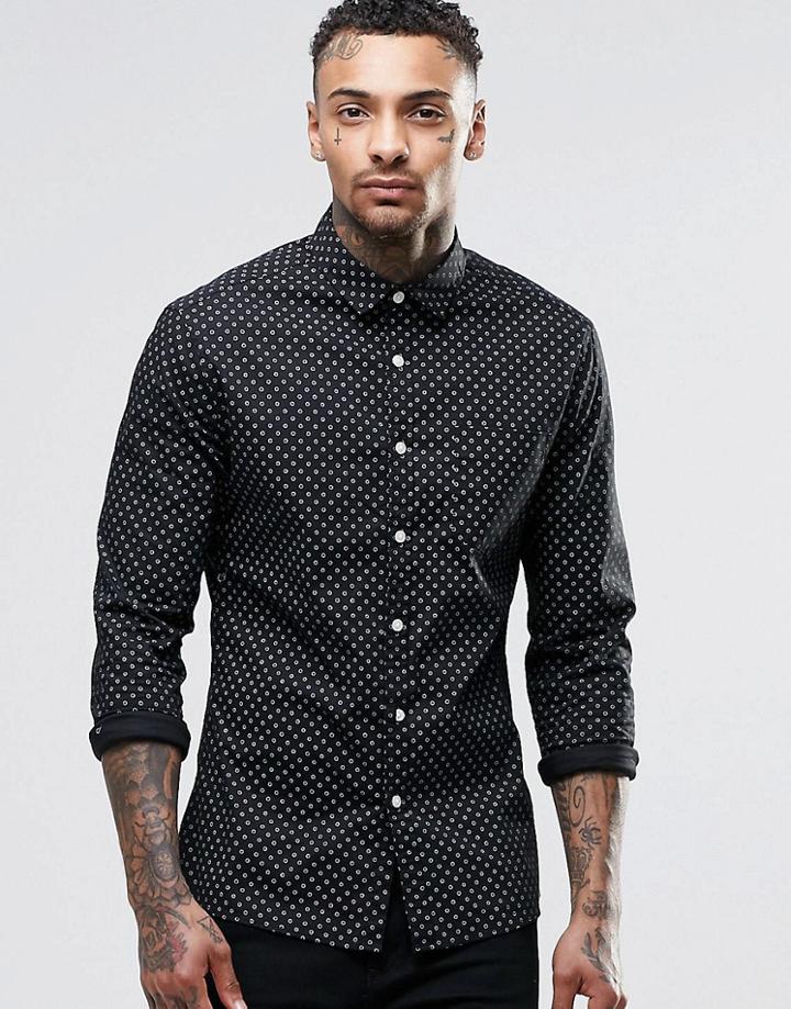 Asos Skinny Shirt In Navy With Circle Print In Long Sleeve - Navy