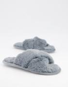 Loungeable Fluffy Cross Front Slide Slippers In Gray-grey