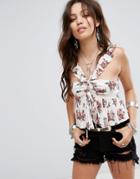 Honey Punch Top With Ruffle Straps And Ribbon Tie In Romantic Floral - White