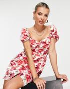 I Saw It First Puff Sleeve Square Neck Tea Dress In Pink Floral Print-multi