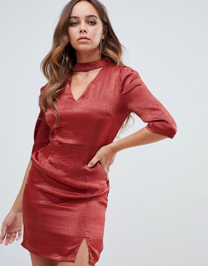 Boohoo Choker Detail Satin Mini Dress In Rust - Orange