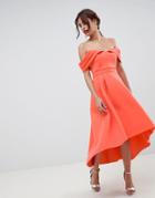 Asos Design Bardot Cold Shoulder Dip Back Midi Prom Dress-pink