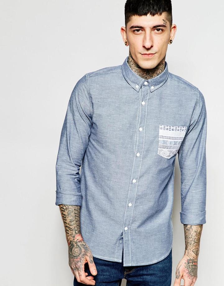 Another Influence Denim Contrast Pocket Shirt - Blue