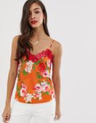 Y.a.s Agnes Floral Print Cami With Lace Trim-brown