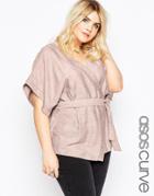 Asos Curve Obi Wrap Top In Linen Look - Pink Powder