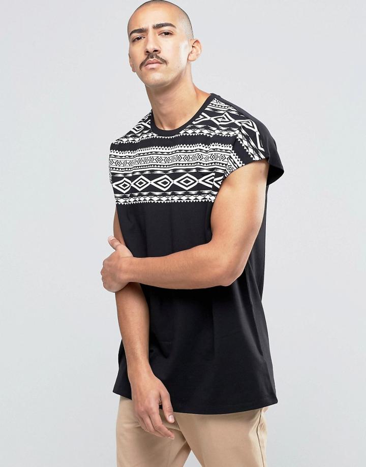 Asos Oversize T-shirt With Monochrome Geo-tribal Yoke - Black