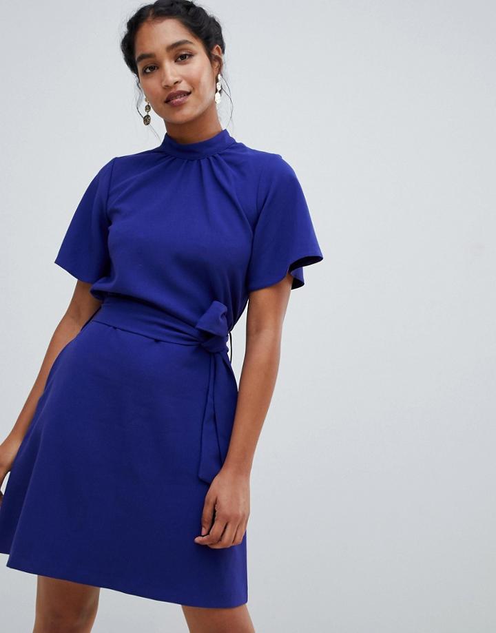 Closet London High Neck Short Sleeve Belted Dress-purple